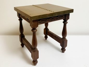 A Vintage Brass Clad Plant Stand With Carved Wood Base