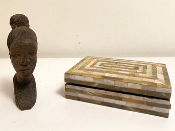 A Vintage Brass And Mother Of Pearl Jewelry Box And Carved African Bust