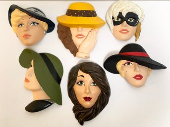 A Group Of Art Ceramic Wall Hanging Fashionable Women's Face Sculptures, By Lovina