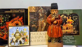 Russian Ceramic Figurine With Two Books On Russian Folk Tales In English, One Is Russian And Russian Tile