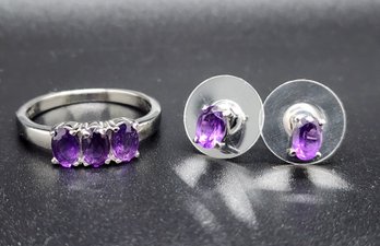 Amethyst 3 Stone Ring & Matching Stud Earrings In Stainless Steel