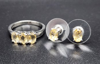 Brazilian Citrine 3 Stone Ring & Matching Stud Earrings In Stainless Steel