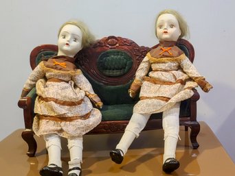 Pair Of Porcelain Dolls With Victorian Doll Sofa With Green Velvet