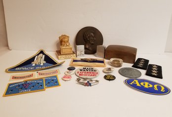 Vintage Junk Drawer Lot: Pins, Patches, Plaques, Zippo Style Lighters & More