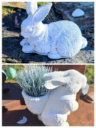 Concrete Bunny Paired With Resin Bunny With Planter