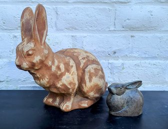 Indoor And Outdoor Bunny Rabbits........One Is Clay/plaster - The Other Is A Composite Material Figurines