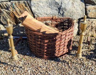 Brass Andirons Paired With Basket For Firewood