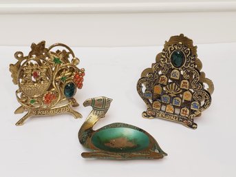 Vintage Judaica Brass Art Napkin/letter Holders & Camel Shaped Trinket Change Dish - Made In Jerusalem