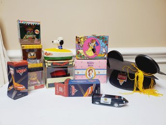 Assorted Snoopy, Disney Toys Including Mickey Mouse Ears, Vinylmation Toys, New Beauty & The Beast Jewelry Box