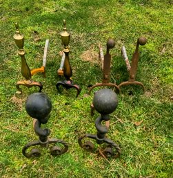 Three Pairs Of Vintage Metal Andirons, One Brass