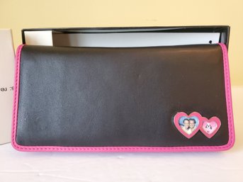 New Realities Black Leather Wallet With Pink Accents & Photos Framed Double Heart