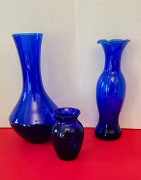 Trio Of Cobalt Glass Vases