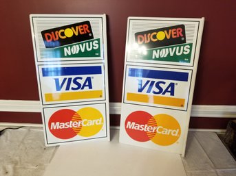 Two Metal Vintage Large Hanging Credit Card Signs 3 Foot 2 Sides - Mastercard, Visa, Discover & Novus