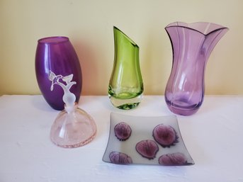 Collection Of Glass Objects D'Art - Trio Of Vases, Satin Glass Dish & Crackle Glass Perfume Bottle