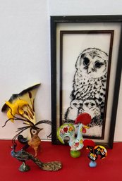 Four Adorable Miniature Bird Figurines Paired With Owl Picture And Ceramic Wall Vase