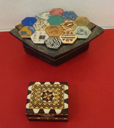 Artisan Diamond Shaped Box Paired With Marquetry Inlaid Box