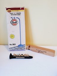 Train Collectibles & Parts - Railroad Spike With Mini Train, Wood Train Whistle & G Gauge Gulf Sign