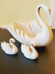 Three LENOX Porcelain Swans - Large Swan Bowl Figurine & Two Small Swans