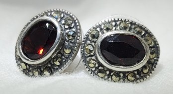 Pair Of Sterling Silver Earrings With Garnets & Marcasite ~ 3.20 Grams
