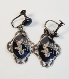 Antique Siam Silver  Screw Back Hanging  Earrings
