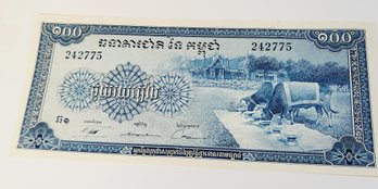 1956-1972 Cambodia 100 Riels Uncirculated Foreign Note/ Bill
