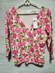 Ladies Dana Buchman Cute Floral Lightweight V Neck Cardigan Sweater Size L - Silk Blend