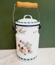 Vintage Enameled VILLEROY & BOCH METAL Jug With Lid And Wood Handle