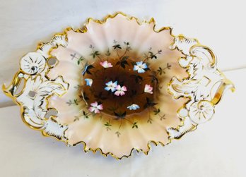 RARE Antique Pierced Floral & Gold Gilt 12' Porcelain Decorative Oval Serving Bowl Signed & Stamped