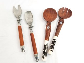 Two Sets Of Vintage Salad Server Sets: Pewter & Wood And Handcrafted Teakwood & Bone