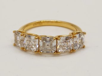 Absolutely Stunning Moissanite 5 Stone Ring In Yellow Gold Over Sterling
