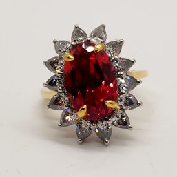 Padparadscha Sapphire, Moissanite Ring In Yellow Gold & Platinum Over Sterling