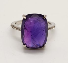 Purple Amethyst, White Topaz, Rhodium Over Sterling Ring