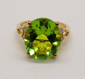 Chartreuse Quartz, White Zircon Ring In Yellow Gold Over Sterling
