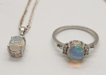 Premium Ethiopian Welo Opal, White Zircon Ring & Pendant Necklace In Platinum Over Sterling