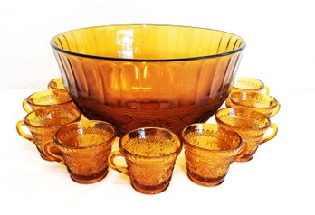 Vintage Amber Tiara Glass Punch Bowl Set - 13 Pieces