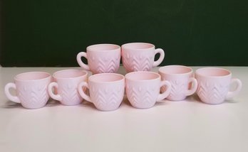 Vintage Jeanette Shell Feathers Pink Milk Glass Punch Cups - 8 Pieces