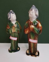 Vintage Pair Of Chinese Tri Color Sancai Drip Glaze Pottery Mud Women With Gift Box