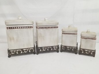 I Godinger & Co. Beaded Antique White Ceramic Canisters With Metal Base Stands