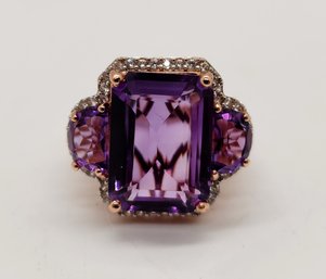 African Amethyst, White Zircon Ring In Rose Gold Over Sterling