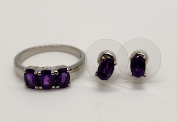 Amethyst 3 Stone Ring & Stud Earrings In Stainless