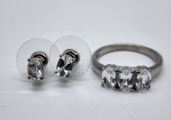 White Topaz 3 Stone Ring & Stud Earrings In Stainless