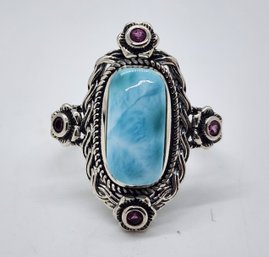 Larimar, Rhodolite Garnet Ring In Sterling