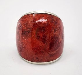 Inlaid Indonesian Red Sponge Coral Ring In Sterling