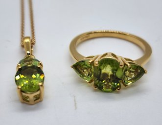 Premium Peridot Ring & Pendant Necklace In Yellow Gold Over Sterling