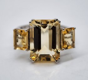 Yellow Citrine 3 Stone Ring In Rhodium Over Sterling