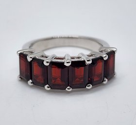 Red Garnet 6 Stone Band Ring In Rhodium Over Sterling
