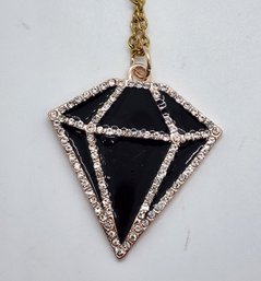 Austrian Crystal, Black Enameled Diamond Pendant Necklace In Gold Tone