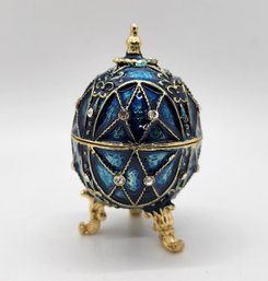 White Austrian Crystal, Blue Enameled Easter Egg Trinket Box In Gold Tone & Silvertone