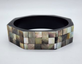 Octagon Black Mother Of Pearl Inlay Bangle Bracelet With Black Inner Resin
