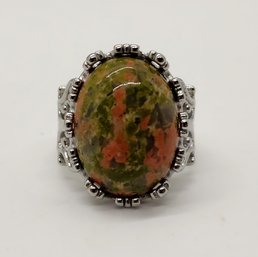 Unakite Ring In Rhodium Over Sterling